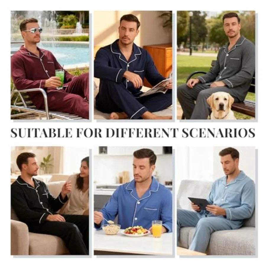U2SKIIN Mens Cotton Pajama Set, Soft Long Sleeve Pajamas for men Lightweight Button Up Sleepwear Lounge Pjs Set with Pockets