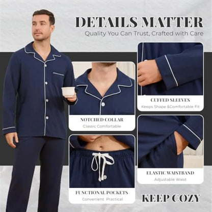 U2SKIIN Mens Cotton Pajama Set, Soft Long Sleeve Pajamas for men Lightweight Button Up Sleepwear Lounge Pjs Set with Pockets