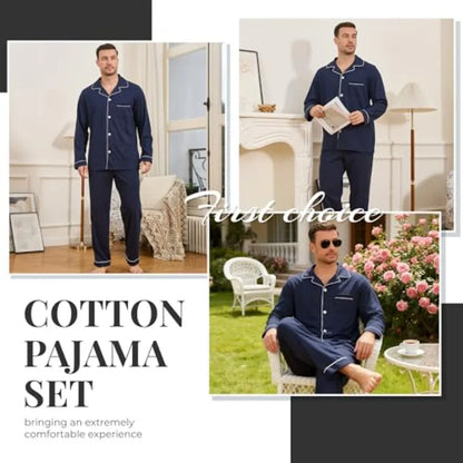 U2SKIIN Mens Cotton Pajama Set, Soft Long Sleeve Pajamas for men Lightweight Button Up Sleepwear Lounge Pjs Set with Pockets